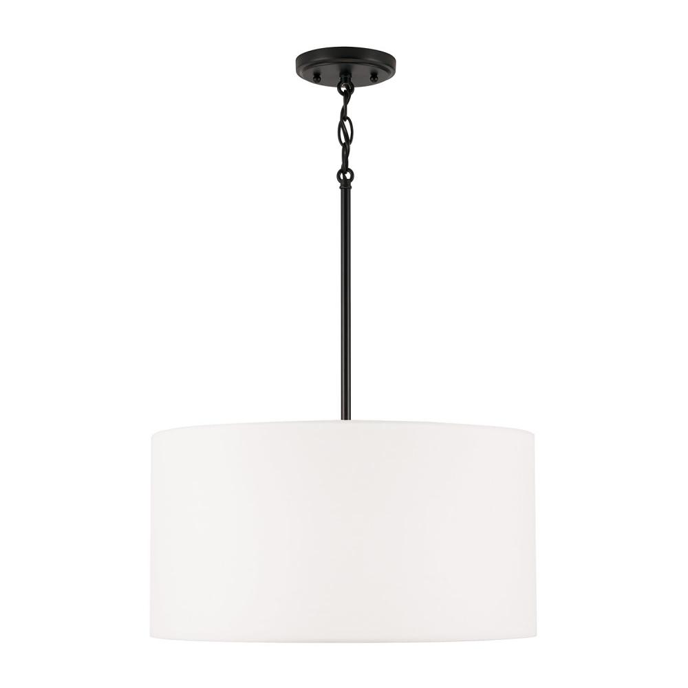 3-Light Pendant in Matte Black with White Fabric Drum Shade and Acrylic Diffuser