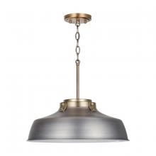  9D329A - 1-Light Industrial Metal Shade Pendant - Antique Nickel and Aged Brass with White Interior