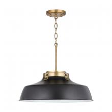  9D331A - 1-Light Industrial Metal Shade Pendant - Matte Black and Aged Brass with White Interior