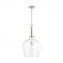  9F371A - 1-Light Clear Seeded Glass Tapered Urn Pendant with Natural Jute Rope Accent in Nickel